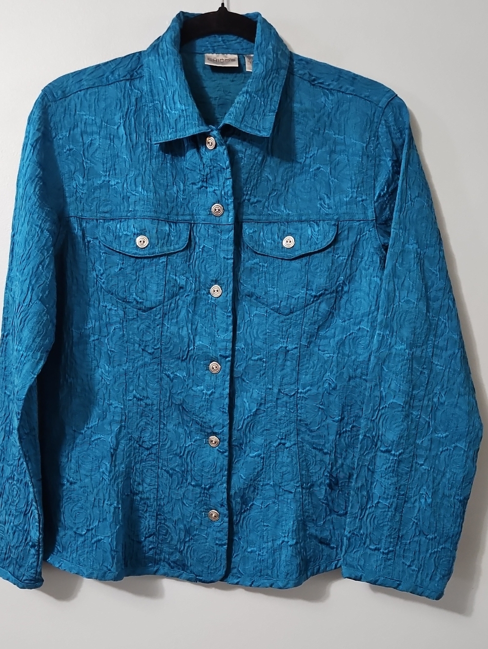Chico's Textured Teal Button-Front Shirt Jacket Size 1 M